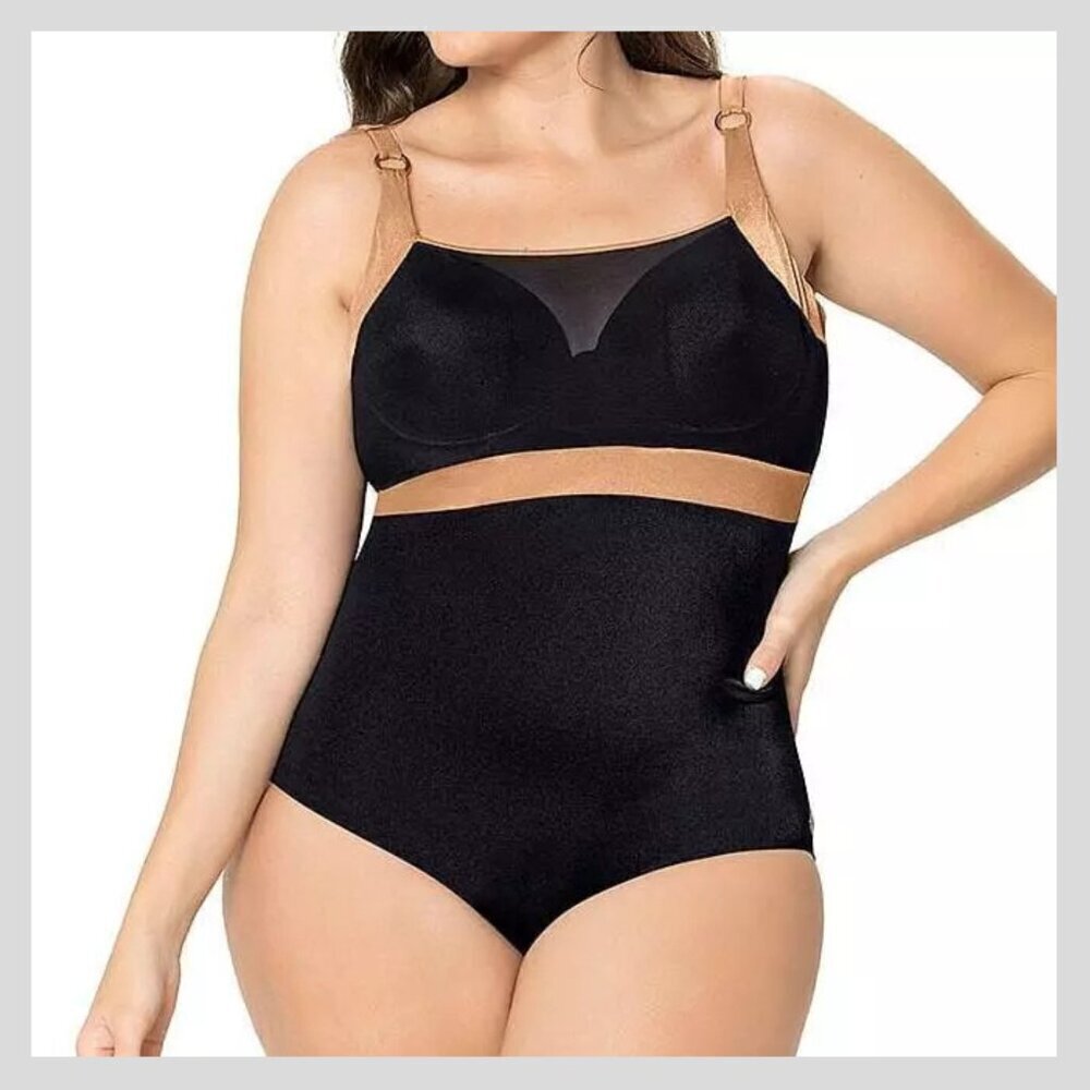 New! Leonisa Black Tan Tie-Back Slimming One Piece Swimsuit 35115